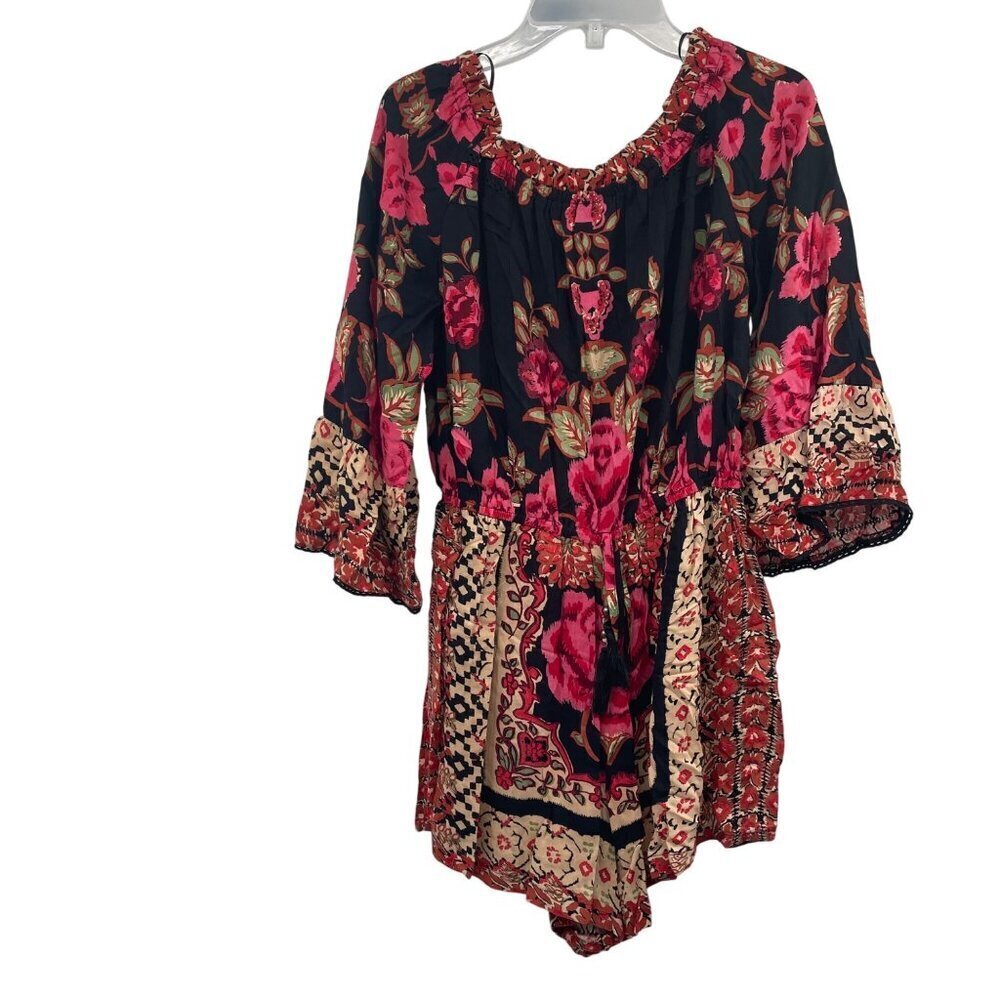 Angie Womens Floral Romper 3/4 Sleeve Cinched Waist Black/Multi Size Small